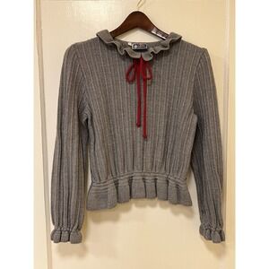 Grey Peplum Ruffled Hem & Collar Sweater Red Bow Academia Coquette Sweet Small